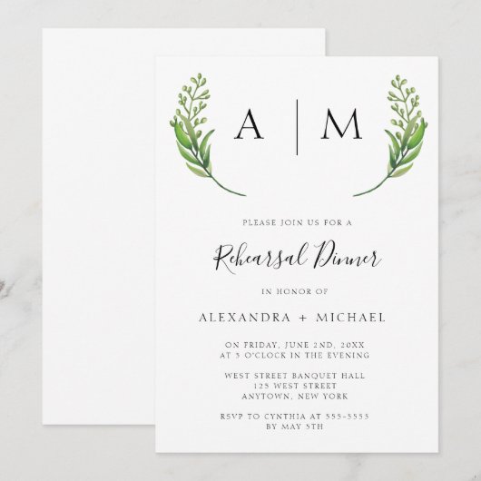 Monogram Greenery Rehearsal Dinner Invitations Kaart (Voorkant / Achterkant)