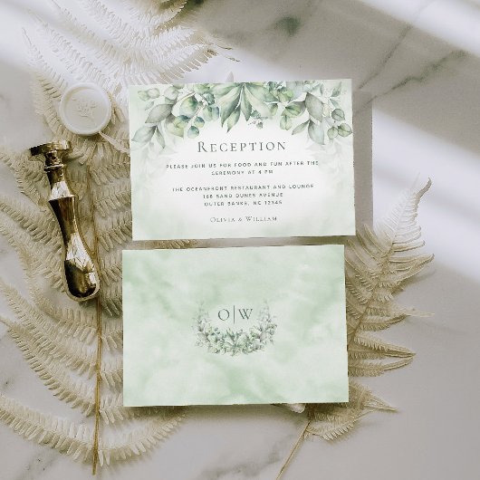 Monogram Greenery Waterverf Wedding Reception Informatiekaartje