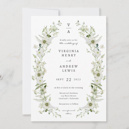 Monogram Greenery Wedding Kaart (Voorkant)