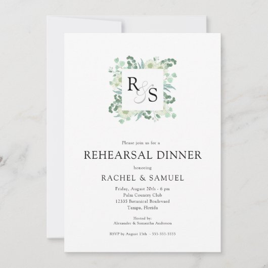 Monogram Greenery Wedding Rehearsal Dinner Kaart (Voorkant)