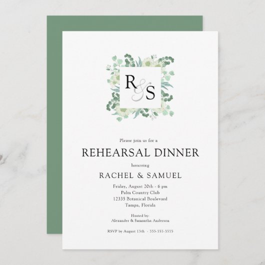 Monogram Greenery Wedding Rehearsal Dinner Kaart (Voorkant / Achterkant)