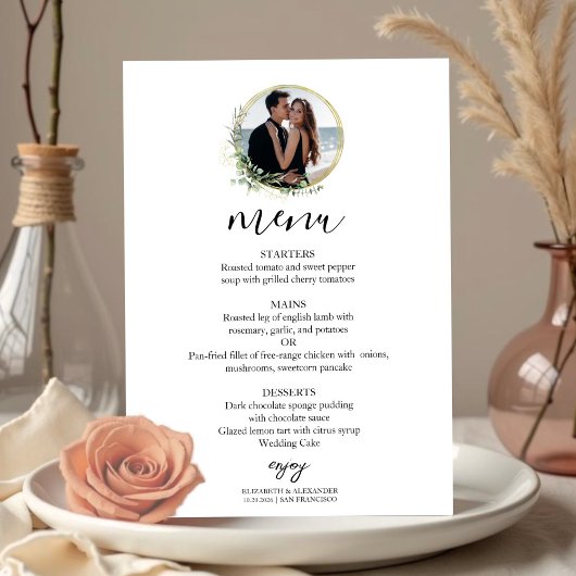 Monogram Greenery Wreaten Eucalyptus Wedding Menu Kaart