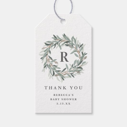 Monogram Greenery Wreath Baby shower Dank u Cadeaulabel (Voorkant)