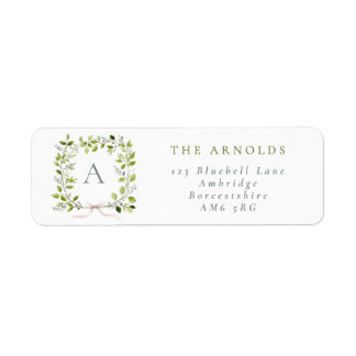 Monogram Greenery Wreath & Bow Return Address Etiket