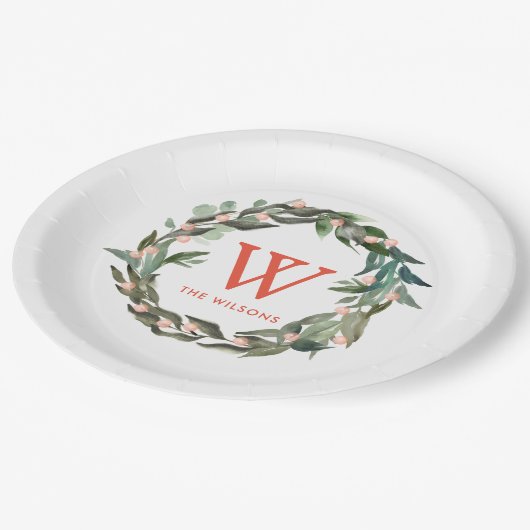 Monogram Greenery Wreath Holiday White Papieren Bordje (Gekanteld)