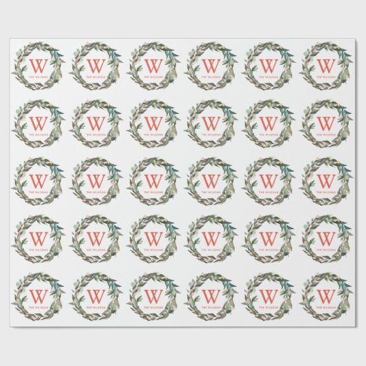 Monogram Greenery Wreath Kerstfeestdag Cadeaupapier (Vlak)