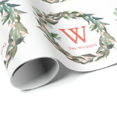 Monogram Greenery Wreath Kerstfeestdag Cadeaupapier (Rol Hoek)