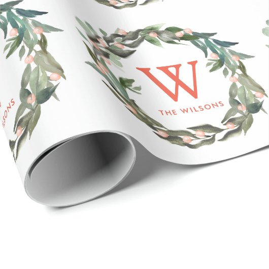 Monogram Greenery Wreath Kerstfeestdag Cadeaupapier (Rol Hoek)