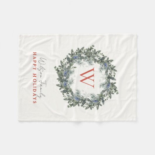 Monogram Greenery Wreath Kerstfeestdag Fleece Deken (Voorkant (Horizontaal))