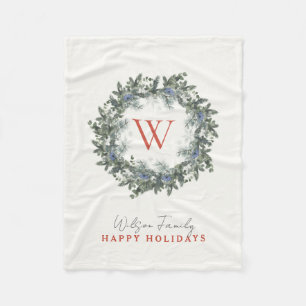 Monogram Greenery Wreath Kerstfeestdag Fleece Deken