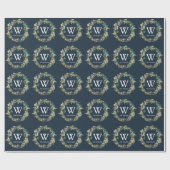 Monogram Greenery Wreath Kerstfeestdag marine Cadeaupapier (Vlak)
