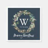 Monogram Greenery Wreath Kerstfeestdag marine Servet (Voorkant)