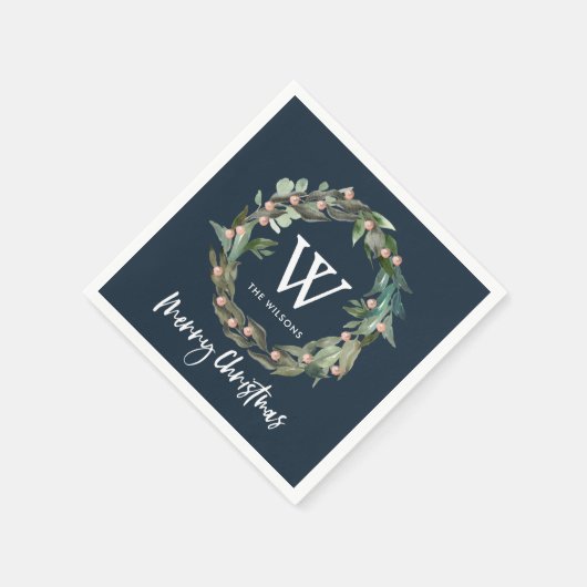 Monogram Greenery Wreath Kerstfeestdag marine Servet (Hoek)
