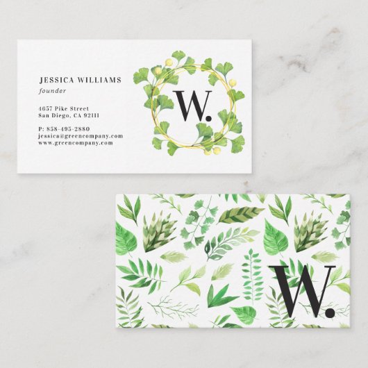 Monogram Greenery Wreath Visitekaartje (Voorkant / Achterkant)