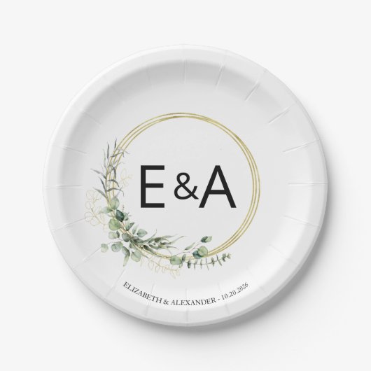 Monogram Greenery Wreaths Borden Weddenschap Paper Papieren Bordje (Voorkant)