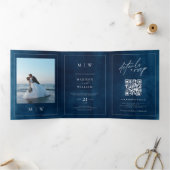 Monogram & Grens Elegant Marine Blauw Bruiloft Drieluik Uitnodiging (Binnen)