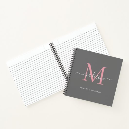 Monogram Grijs Blush Roze Elegant Initiaal Script Notitieboek (Binnen)
