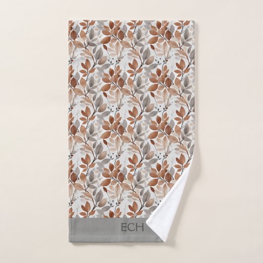 Monogram grijs bruin beige blad botanisch bad handdoek (Handdoek)