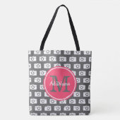 Monogram grijs cameratroon & roze aangepaste naam tote bag (Voorkant)