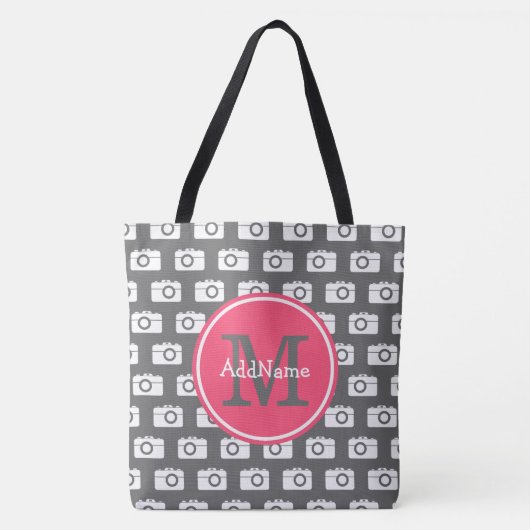 Monogram grijs cameratroon & roze aangepaste naam tote bag (Voorkant)