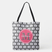 Monogram grijs cameratroon & roze aangepaste naam tote bag (Achterkant)
