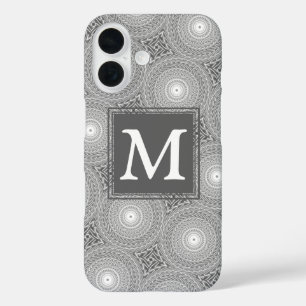 Monogram grijs cirkelpatroon iPhone 16 hoesje