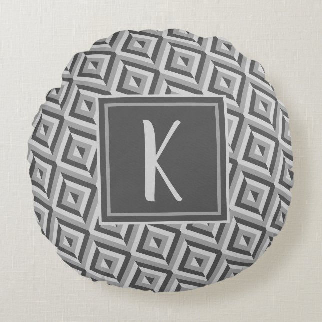 Monogram Grijs Drietonig Diamantpatroon Rond Kussen (Voorkant)
