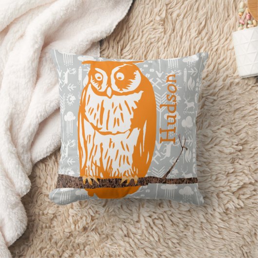 Monogram Grijs en Oranje Koraal Baby  Owl Kussen (Deken)