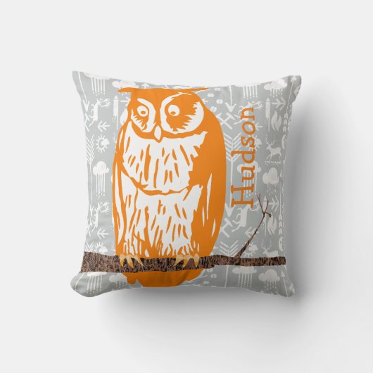Monogram Grijs en Oranje Koraal Baby  Owl Kussen (Voorkant)