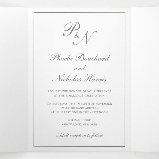 Monogram Grijs Formele Foto Traditionele Huwelijk Drieluik Uitnodiging (Binnenkant midden)