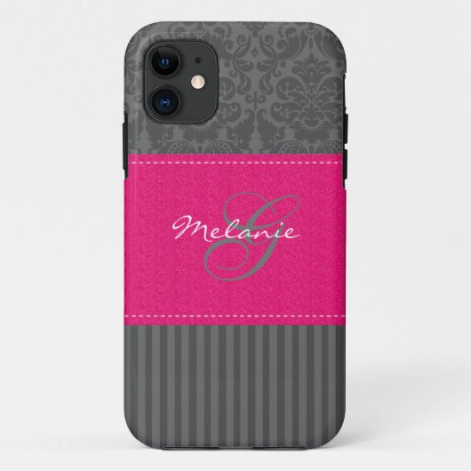 Monogram grijs Roze Damask Stripe iPhone 5 Hoesje (Achterkant)