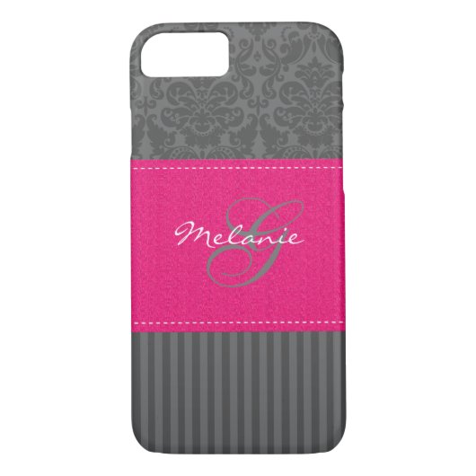 Monogram grijs Roze Damask Stripe iPhone 7 Hoesje (Achterkant)