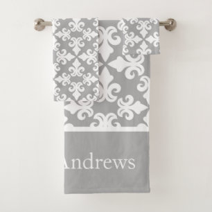 Monogram Grijs Wit Fleur-de-lis Gepersonaliseerd Bad Handdoek