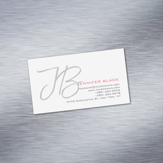 Monogram Grijs Wit Gewoon Kalligrafie Script Magnetisch Visitekaartje (Voorbeeld)