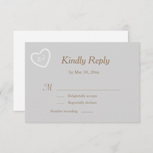 Monogram Grijs Wit Goud Hart Vormig Huwelijk RSVP Kaart (Voorkant / Achterkant)