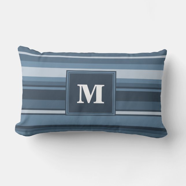Monogram grijsblauwe strepen kussen (Voorkant)