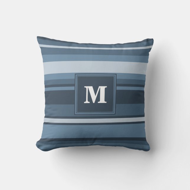 Monogram grijsblauwe strepen kussen (Voorkant)