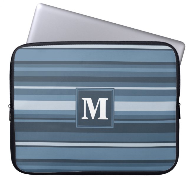 Monogram grijsblauwe strepen laptop sleeve (Voorkant)