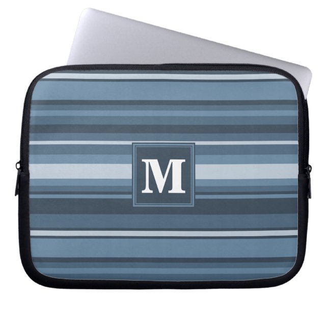 Monogram grijsblauwe strepen laptop sleeve (Voorkant)