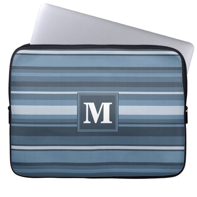 Monogram grijsblauwe strepen laptop sleeve (Voorkant)