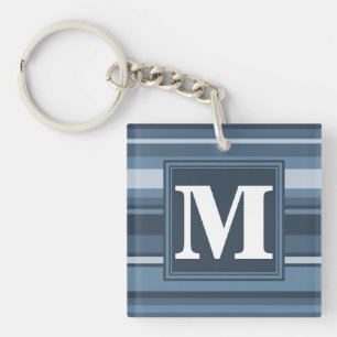 Monogram grijsblauwe strepen sleutelhanger