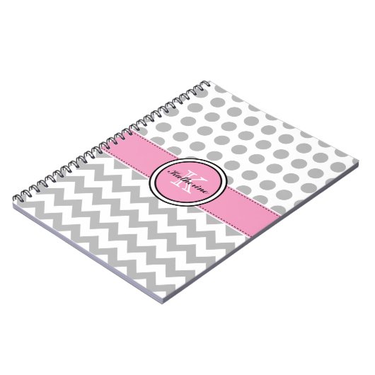 Monogram grijze Chevron en roze spiral notebook Notitieboek (Linkerzijde)