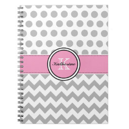 Monogram grijze Chevron en roze spiral notebook Notitieboek