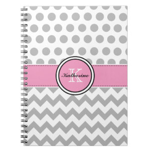 Monogram grijze Chevron en roze spiral notebook Notitieboek