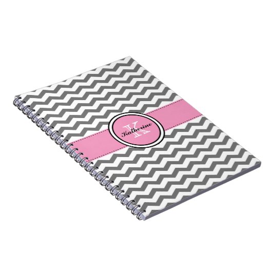 Monogram grijze Chevron en roze spiral notebook Notitieboek (Rechterzijde)