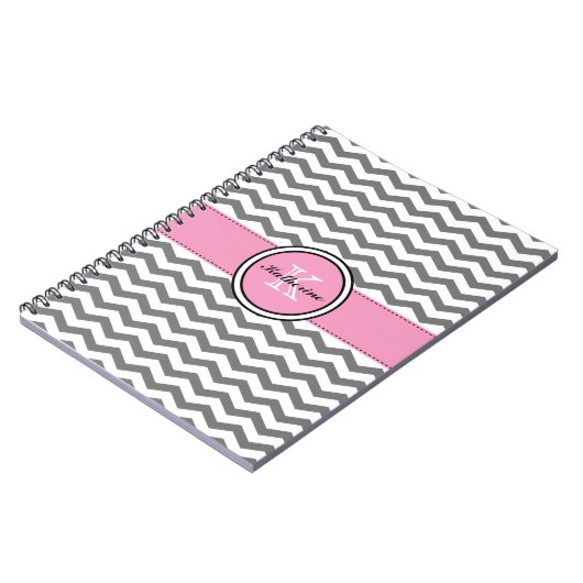 Monogram grijze Chevron en roze spiral notebook Notitieboek (Linkerzijde)