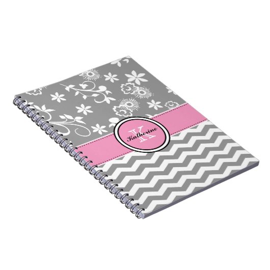 Monogram grijze Chevron Floral roze spiral noteboo Notitieboek (Rechterzijde)
