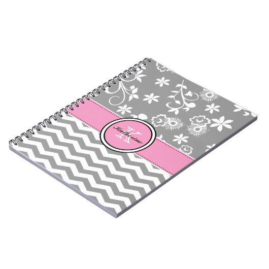 Monogram grijze Chevron Floral roze spiral noteboo Notitieboek (Linkerzijde)