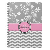 Monogram grijze Chevron Floral roze spiral noteboo Notitieboek (Voorkant)
