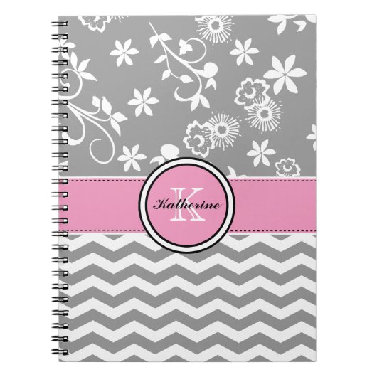 Monogram grijze Chevron Floral roze spiral noteboo Notitieboek (Voorkant)